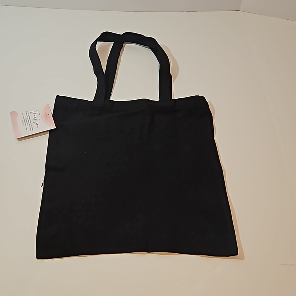 Hand Crafted Reusable Black Canvas Tote Bag 100% Cotton Floral Blue Heels 13x13" - Picture 11 of 17